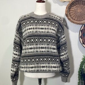 Vintage Unisex Wool Fair Isles Crewneck Sweater Size Large Gray Brown Cream